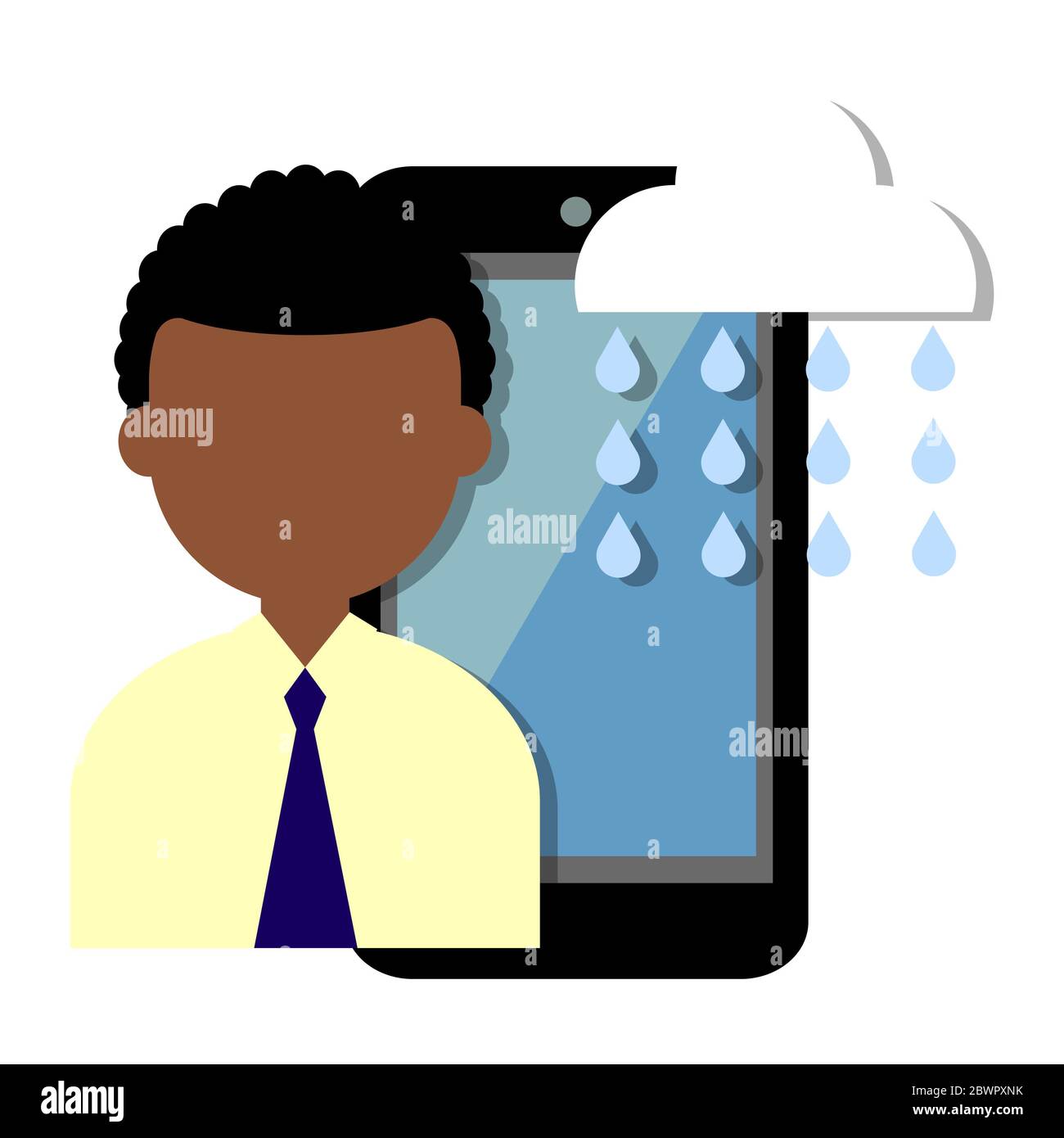 Mann mit Smartphone und Regen aus der Wolke Stockfoto