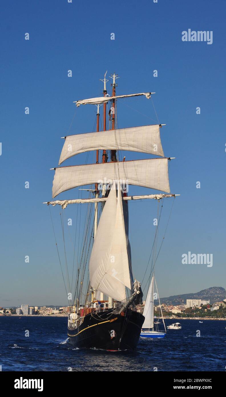 Holländischer Gulden Leeuw bei der Parade der legendären Segel im Hafen von Toulon Stockfoto