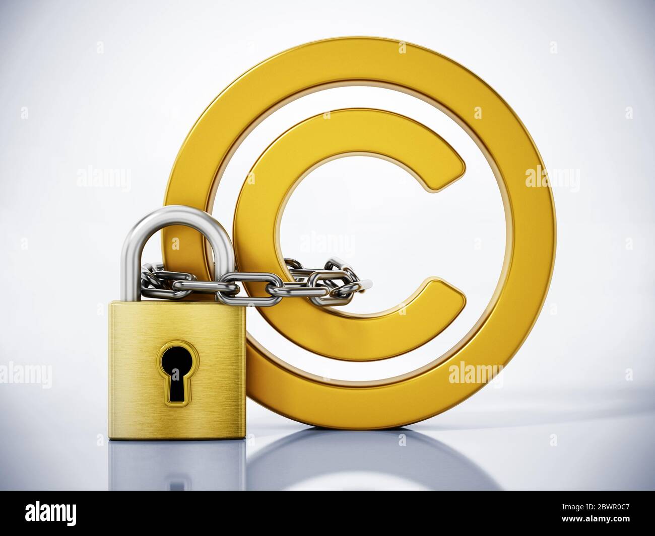 Vorhängeschloss an Copyright-Symbol gekettet. 3D-Darstellung. Stockfoto