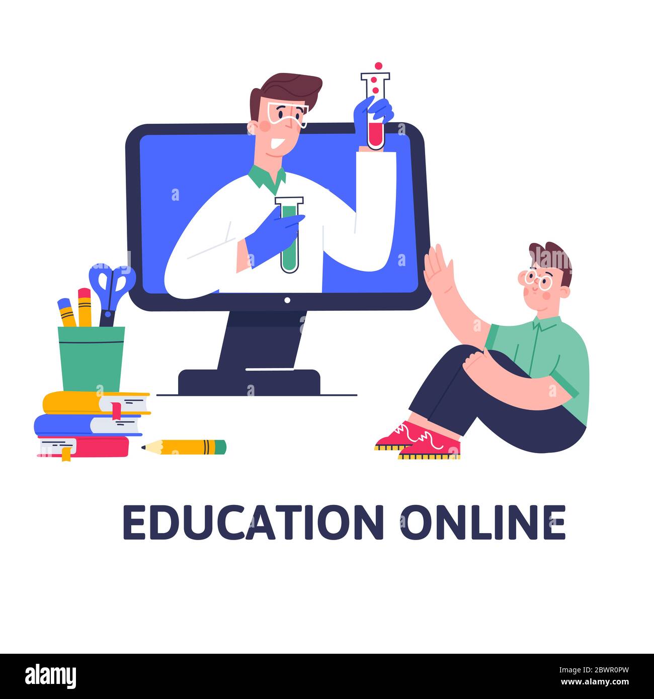 Chemieunterricht, Videokurs, Online-Bildung, Fernunterricht, Web-Seminar, Internet-Klasse, persönliche Lehrer-Service mit weiblichen Mentorin. Stock Vektor