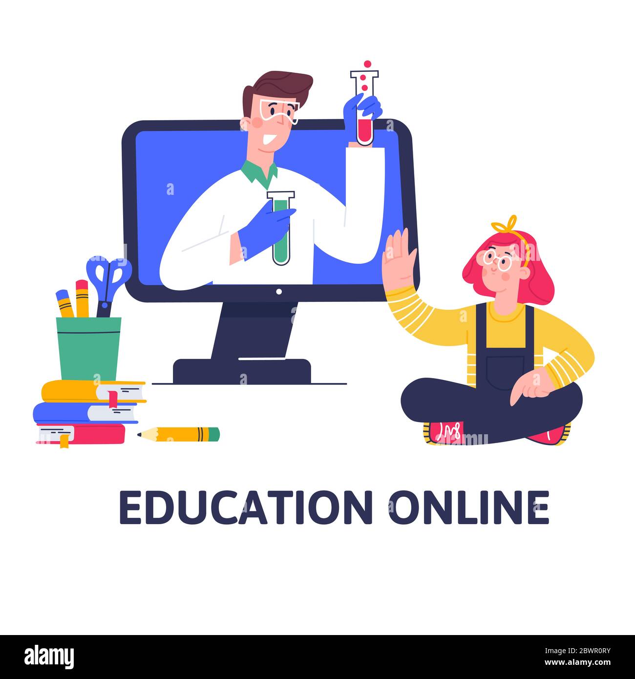 Chemieunterricht, Videokurs, Online-Bildung, Fernunterricht, Web-Seminar, Internet-Klasse, persönliche Lehrer-Service mit weiblichen Mentorin. Stock Vektor