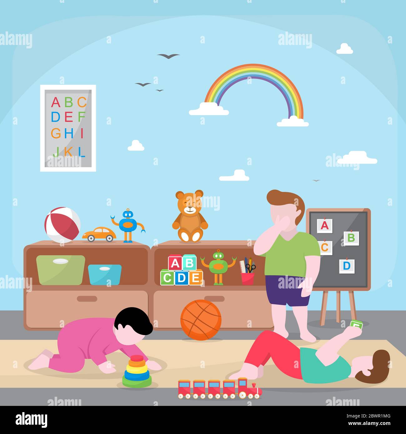 Kinder Kinder Lernen durch Spielen Bildung Spielzeug Kindergarten Flat Illustration Stock Vektor