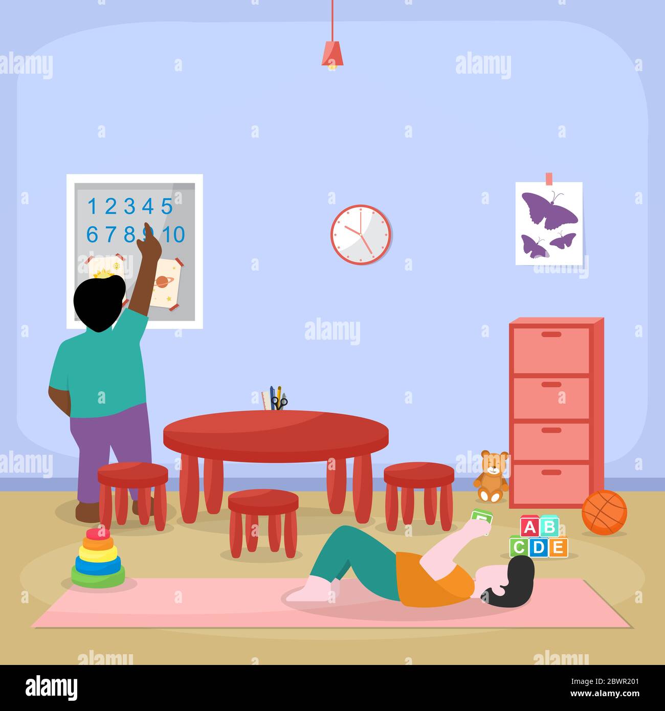 Kinder Kinder Lernen durch Spielen Bildung Spielzeug Kindergarten Flat Illustration Stock Vektor
