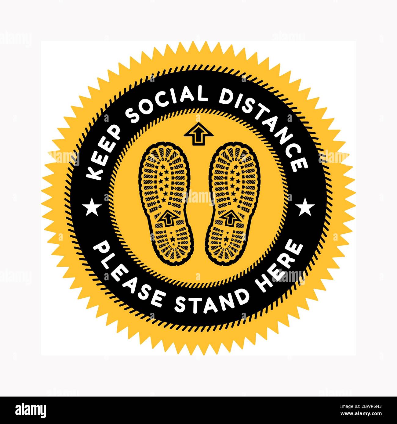 Zeichen für die Aufrechterhaltung der sozialen Distanz mit Aufdrucken eines Schuhs auf dem Hintergrund. Gegen die Ausbreitung des Coronavirus. Vektorgrafik. Stockfoto