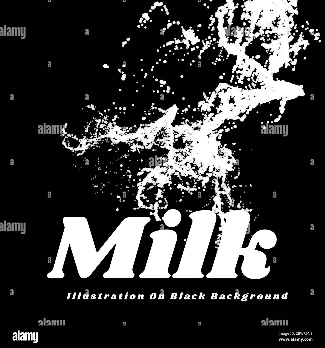 Milch spritzen auf schwarzen Hintergrund. Milch spray Streuung in alle Richtungen. Vector Illustration auf schwarzen Hintergrund. Stockfoto
