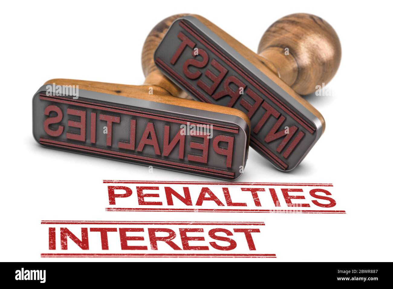 3D-Darstellung von zwei Gummistempeln mit den Worten Strafen und Interesse auf weißem Hintergrund. Konzept der unbezahlten Einkommensteuer. Stockfoto