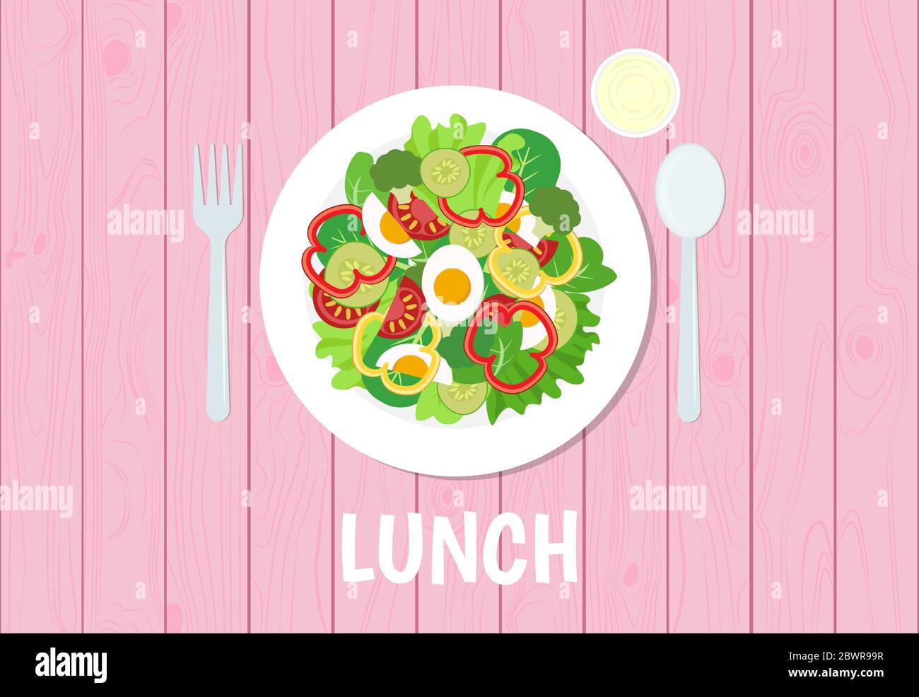 Vektor-Illustration von Mittagessen auf rosa Tisch Holzhintergrund gesetzt Stock Vektor