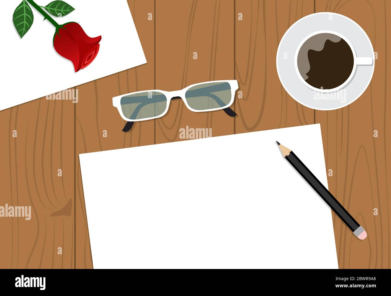 Draufsicht des Arbeitsplatzes mit Kopierer und Tasse auf Hintergrund - Vektorgrafik Stock Vektor