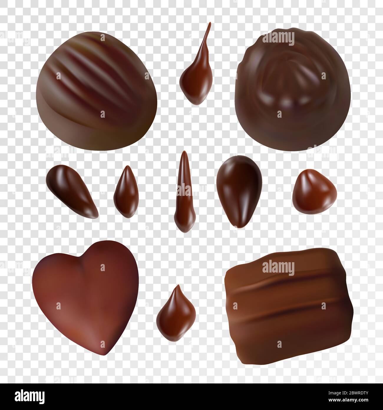 Verschiedene Pralinen auf transparentem Hintergrund. Vektor realistische Set von Schokolade Tropfen und Süßigkeiten Bonbons Stock Vektor
