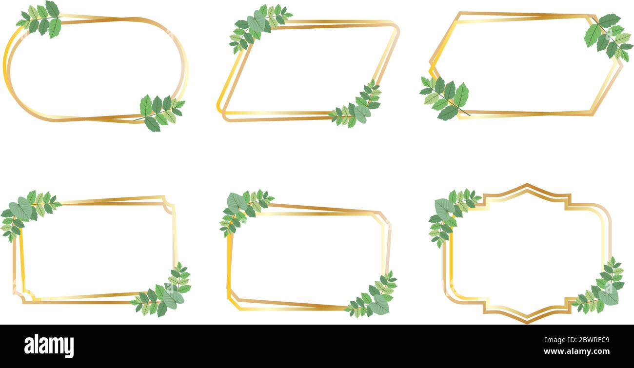 Sammlung von goldenen Rahmen mit grünen Blättern Design Vektor-Set Stock Vektor