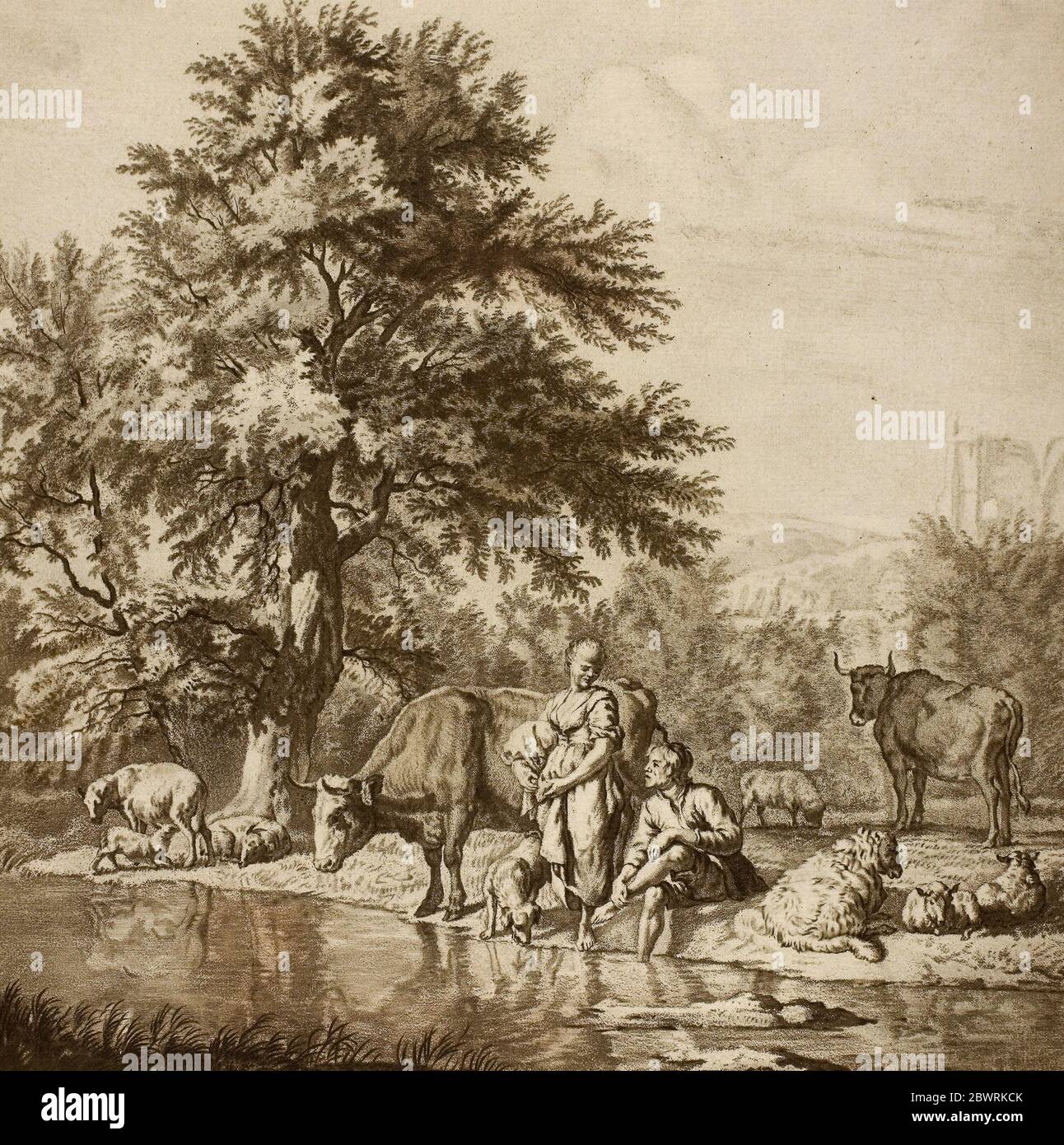 Autor: Jacob Cornelis Ploos van Amstel. Zwei Hirten mit Rindern - Jacob Cornelis Ploos van Amstel (Niederländisch, 1726-1798) nach Adriaen van de Velde Stockfoto