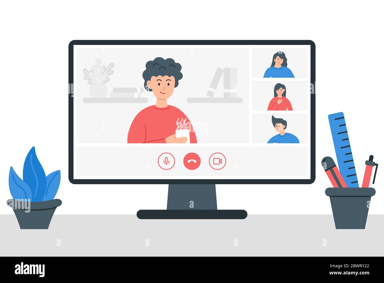 Videokonferenz-Illustration. Bleiben und arbeiten Sie von zu Hause aus. Kollegen sprechen miteinander auf dem Computerbildschirm. Online-Meeting Arbeit Formular zu Hause. Stock Vektor