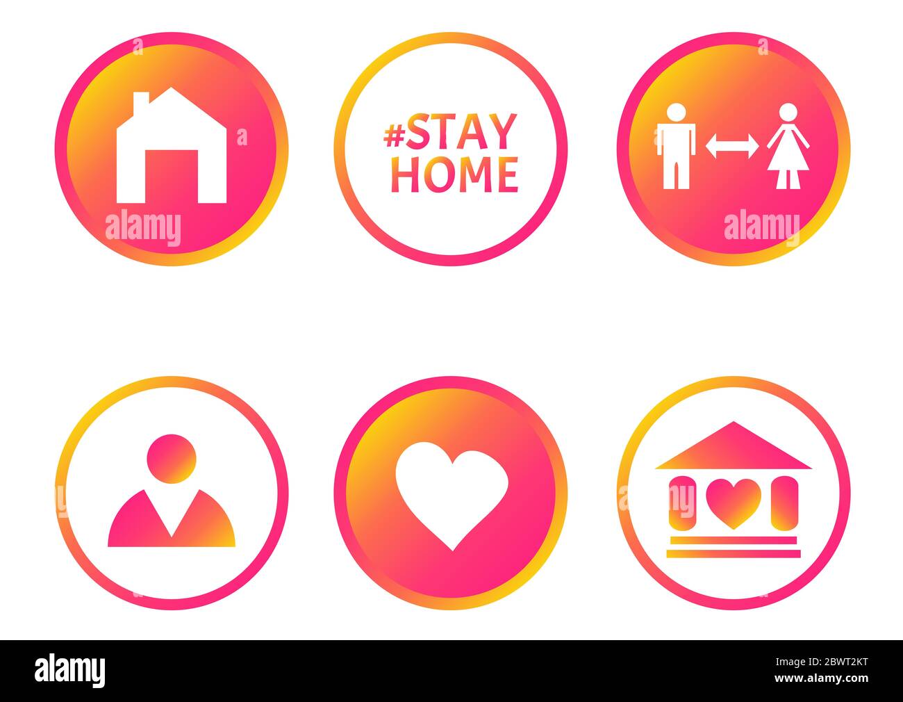 Covid19-Zeichen. Social Media Icon Set zur Unterstützung der Selbstisolierung und der Aufenthalt zu Hause. Abgrenzung zur Verhinderung der Virusausbreitung. Bleib zu Hause. Symbol se Stockfoto