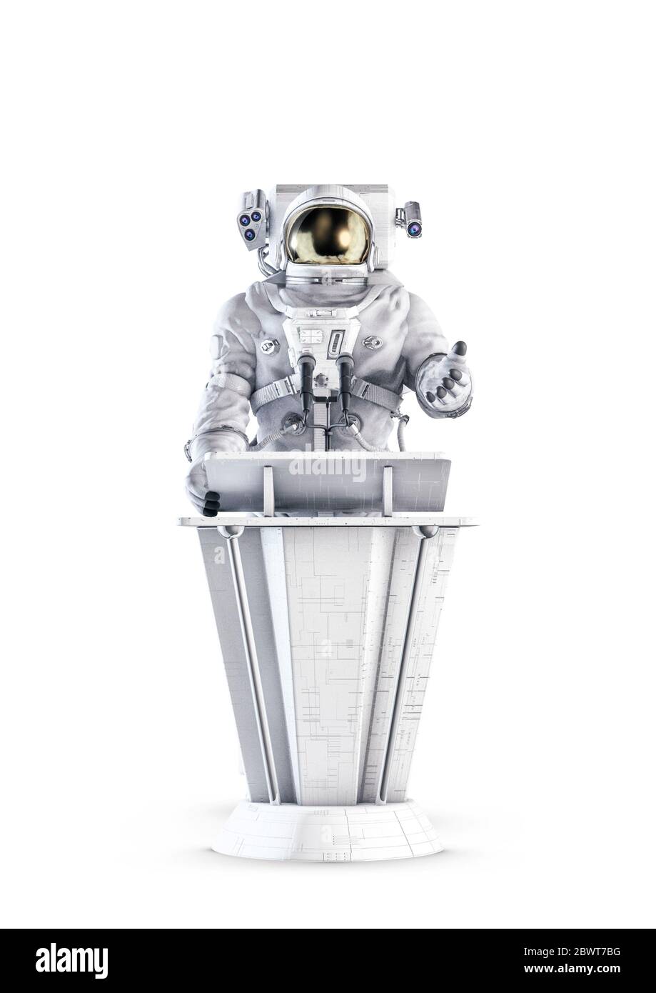 Astronaut Keynote Speaker / 3D-Illustration des Raumanzugs trägt männliche Figur halten Pressekonferenz vom Podium isoliert auf weißem Studio-Hintergrund Stockfoto
