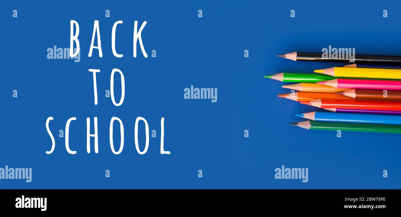 Bunte Bleistifte auf blauem Hintergrund mit Copyspace. 2020 color Trend. Banner mit Copyspace. Stockfoto