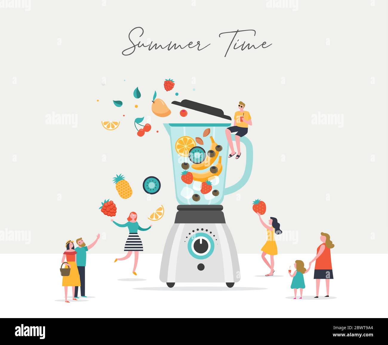 Sommerszene, Gruppe von Menschen, die Spaß an einem riesigen Mixer haben, Surfen, Schwimmen im Pool, kaltes Getränk trinken, am Strand spielen Stock Vektor