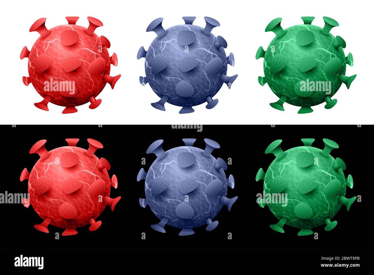 Covid-19 Novel 2019-NCoV Coronavirus. Virus in verschiedenen Farben (rot, blau, grün). Bakterium isoliert auf weißem und schwarzem Hintergrund. Stockfoto