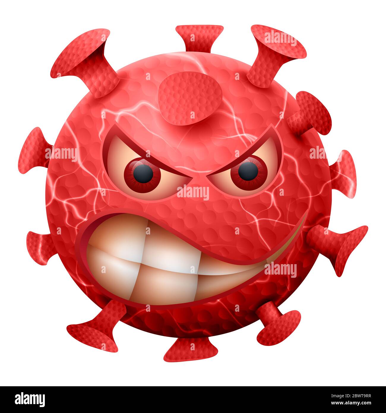 Evil Covid-19 Roman 2019-NCoV Coronavirus Emoticon. Konzept Des Coronavirus-Ausbruchs. Bakterium auf weißem Hintergrund isoliert. Stockfoto