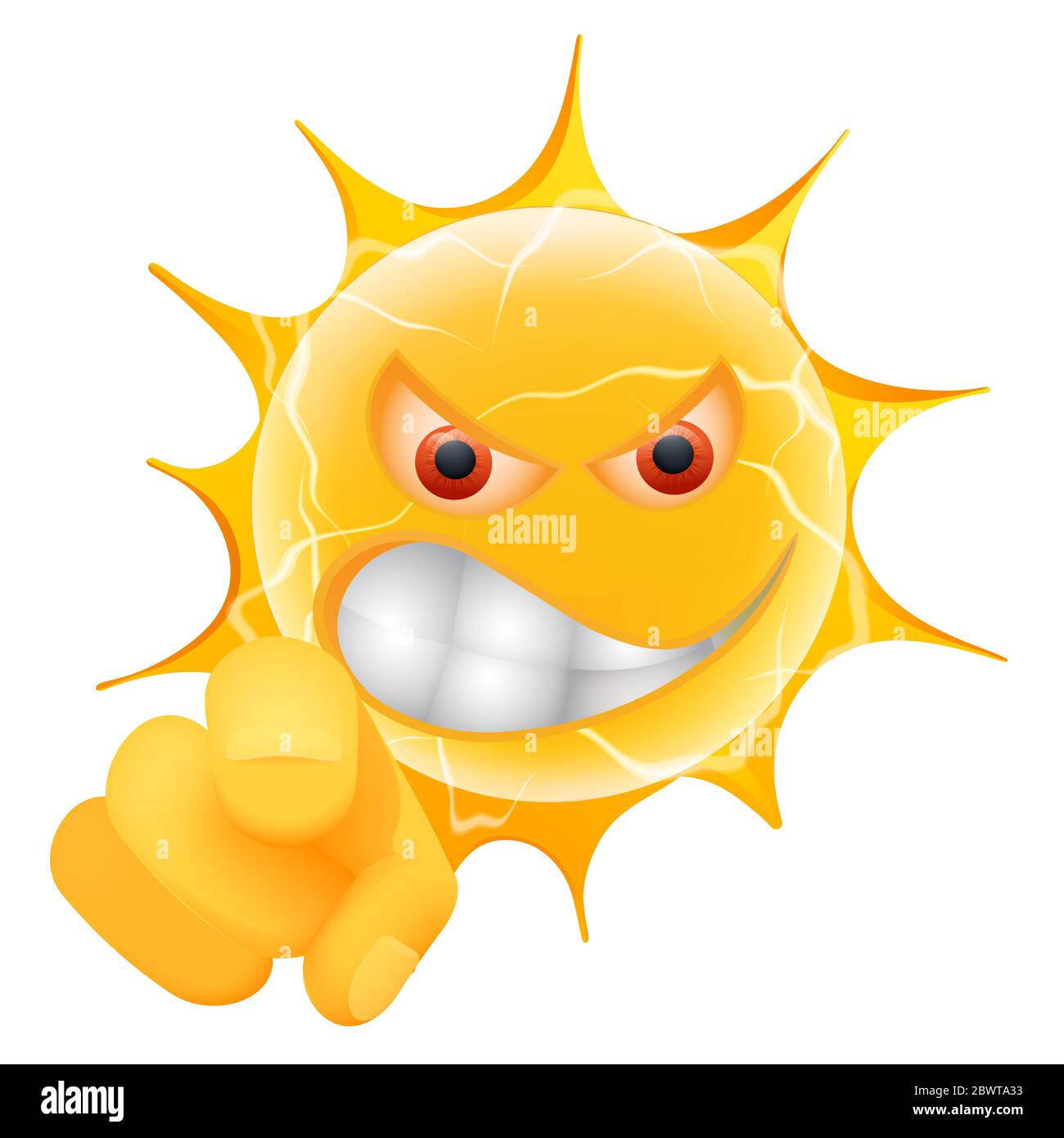 Emoticon Der Bösen Sommersonne. Wütender Sun Emoji zeigt auf dich. Isoliert auf weißem Hintergrund. Stockfoto