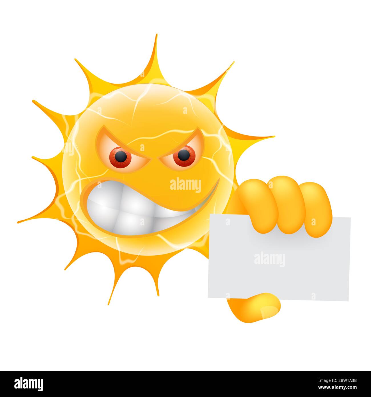 Emoticon Der Bösen Sommersonne. Wütender Sun Emoji mit Kartenvorlage. Isoliert auf weißem Hintergrund. Stockfoto