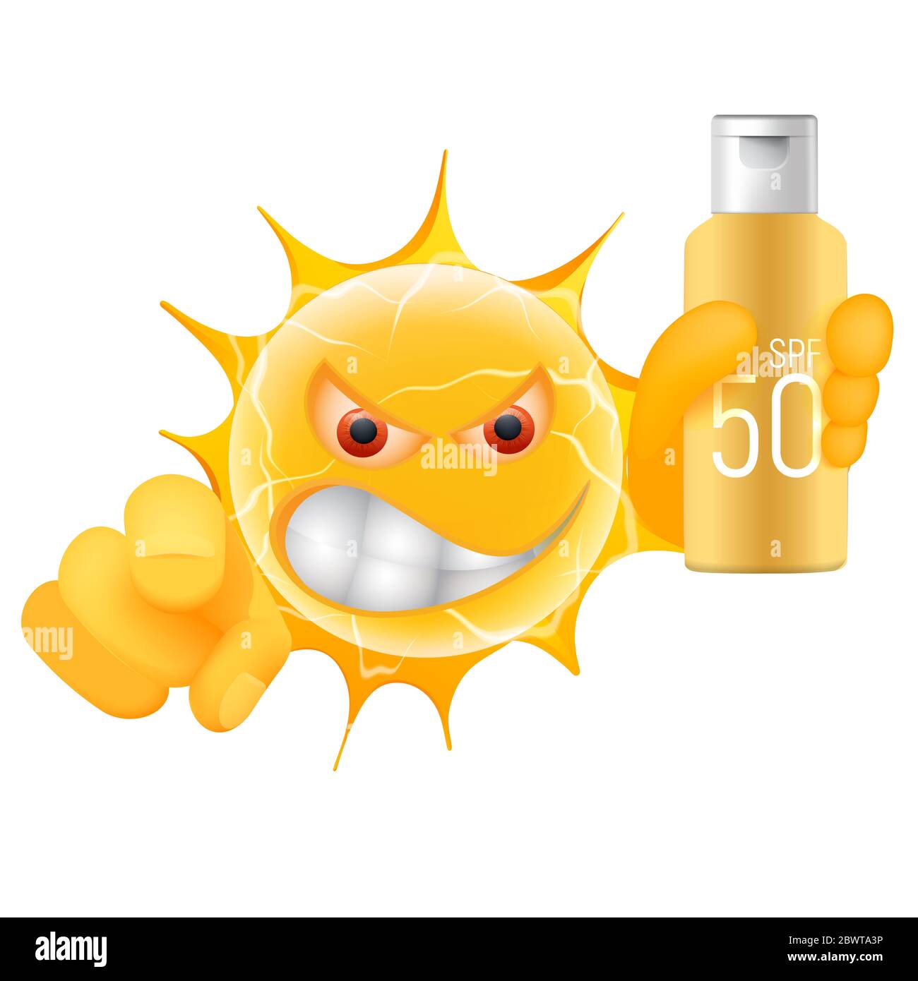 Emoticon Der Bösen Sommersonne. Wütende Sun Emoji mit Banner-Vorlage. Fügen Sie Ihre Nachricht an die leere Stelle am Banner hinzu. Isoliert auf weißem Hintergrund. Stockfoto