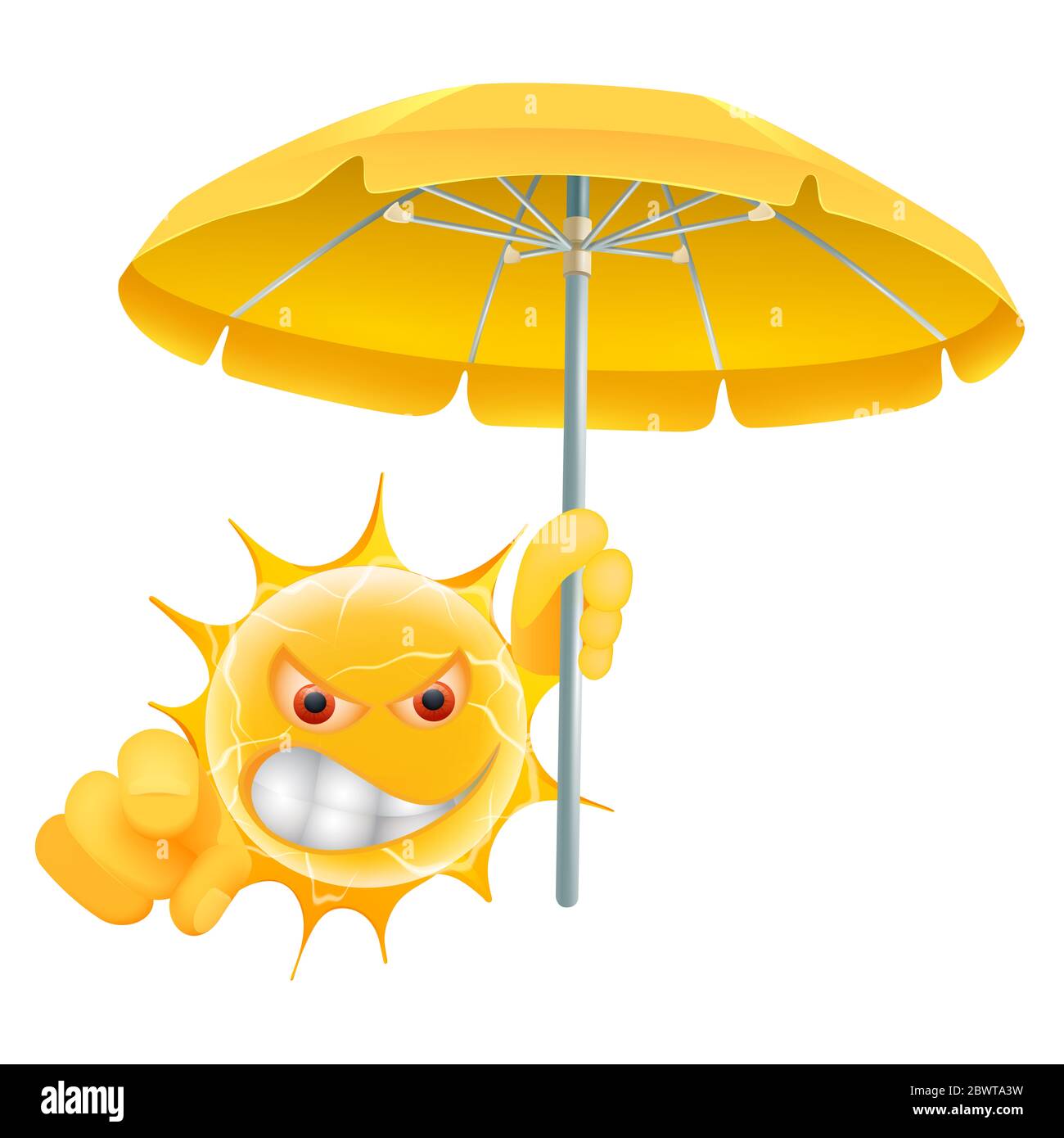 Emoticon Der Bösen Sommersonne. Wütender Sun Emoji zeigt auf dich mit einem Sonnenschirm in der Hand. Isoliert auf weißem Hintergrund. Stockfoto