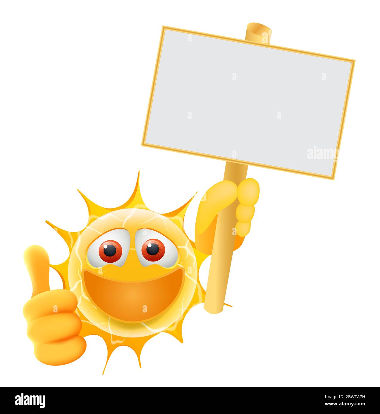 Viel Spaß Beim Sommer Sonne Emoticon. Happy Sun Emoji mit Schild Vorlage. Fügen Sie Ihre Nachricht an die leere Stelle am Schild. Illustration Für Den Sommer Stockfoto