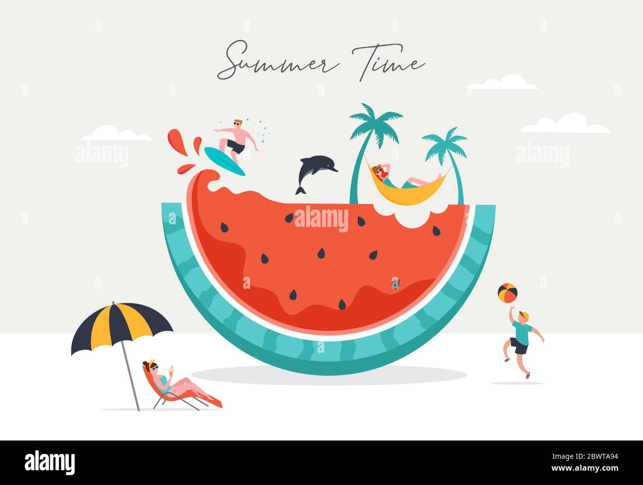 Sommerszene, Gruppe von Menschen, die Spaß an einer riesigen Wassermelone haben, Surfen, Schwimmen im Pool, kaltes Getränk trinken, am Strand spielen Stock Vektor