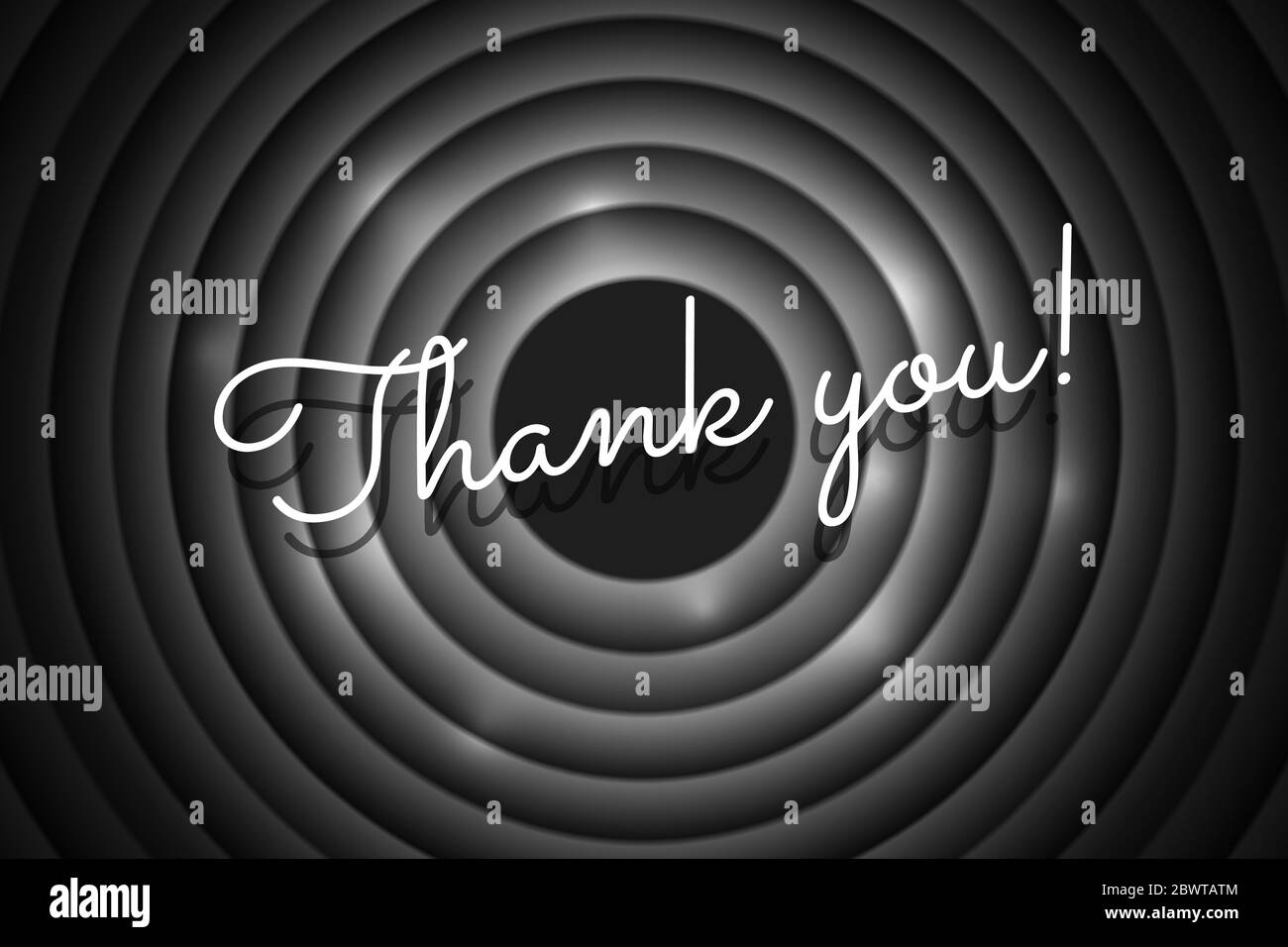 Danke kalligraphischen Stil Titel auf schwarzem Kreis Hintergrund. Old Cinema Film rund Promotion Ansage Bildschirm. Vektor retro Szene Werbung noir Poster Vorlage eps Illustration Stock Vektor