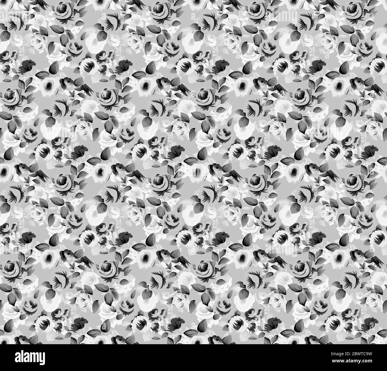 Nahtloses Muster mit Frühlingsblumen und Blättern. Handgezeichneter Hintergrund. Blumenmuster für Tapete oder Stoff. Blumenrosen. Botanische Kachel. Stockfoto