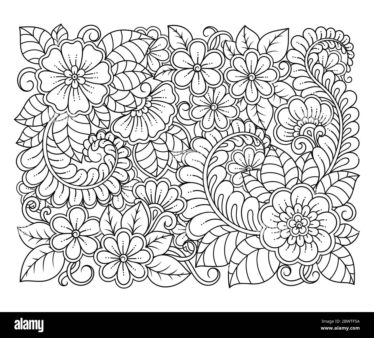 Outline quadratischen Blumenmuster im mehndi Stil zum Ausmalen Buchseite. Antistress für Erwachsene und Kinder. Doodle Ornament in schwarz und weiß. Hand-dra Stockfoto