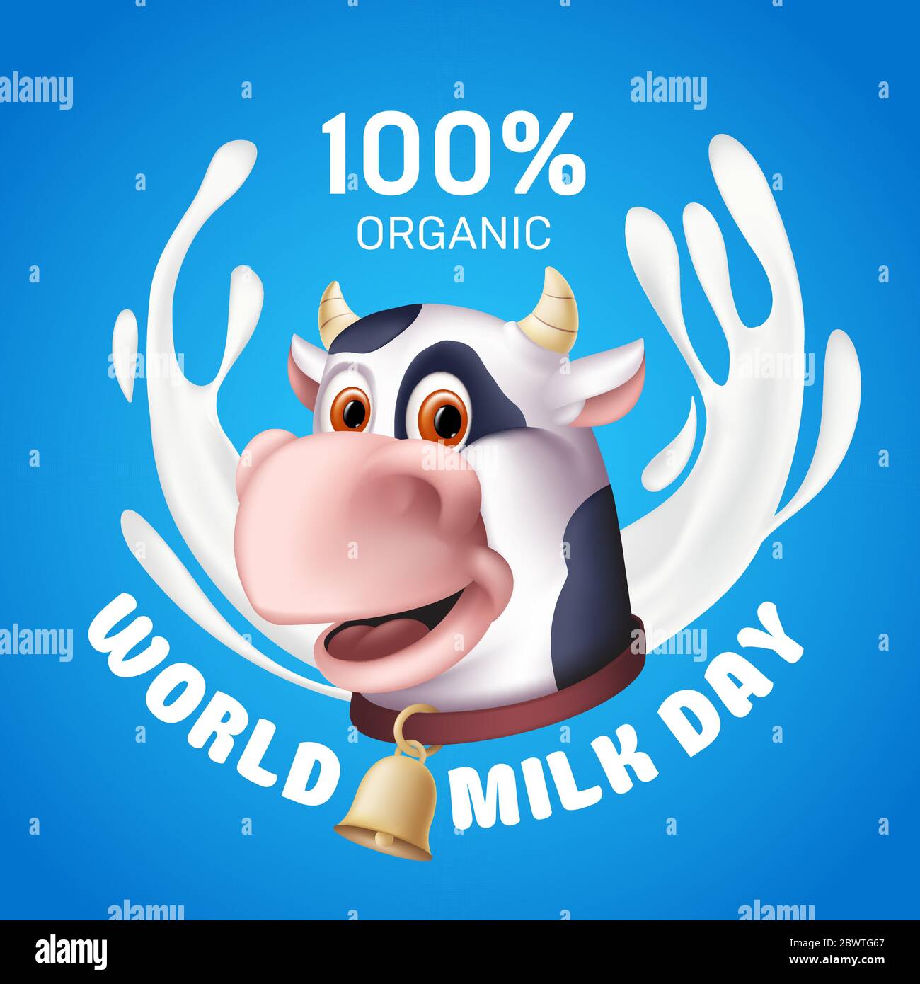 Welt Milch Tag Inschrift mit weißen Joghurt Spritzer und die lächelnde Kuh Cartoon-Figur Kopf. Vektorgrafik eines gehörnten Haustieres mit Stock Vektor