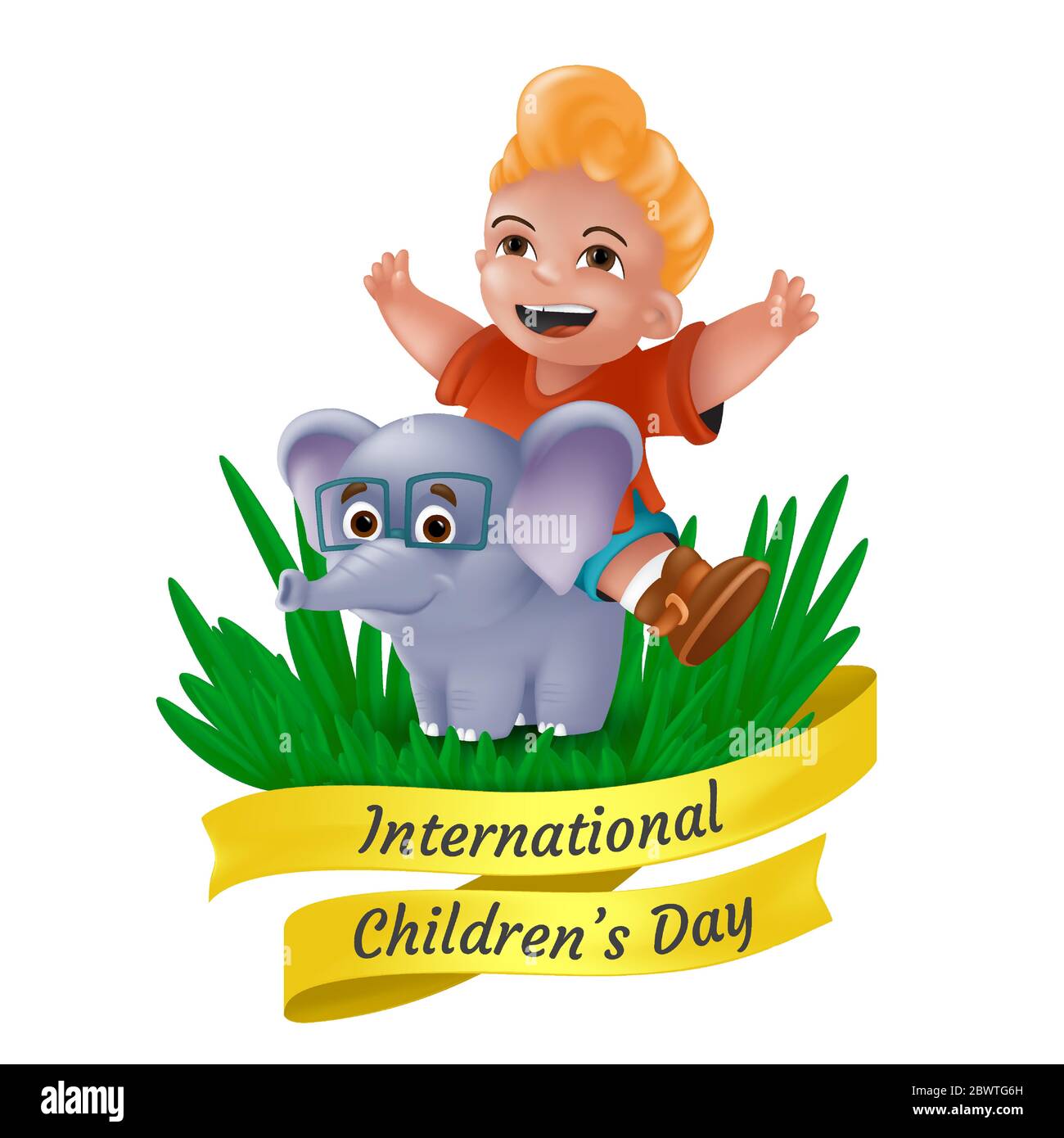 Happy International Kinder Tag Grußkarte mit lachenden kleinen Jungen auf Elefanten in Gläsern und gelbem Band sitzen. Vektorgrafik mit f Stock Vektor