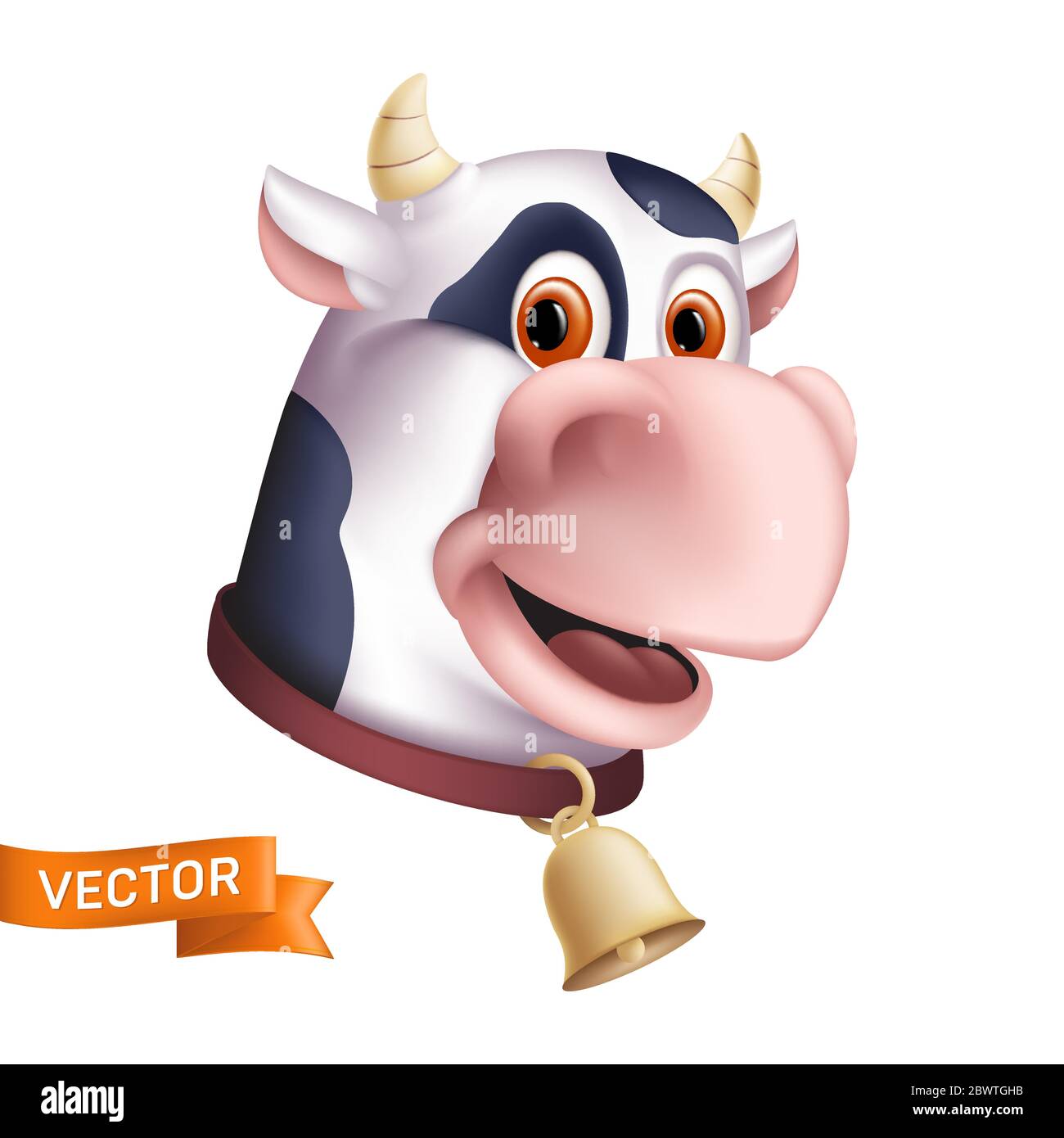 Lustige lächelnde Kuh Charakter. Cartoon Maskottchen Kopf. Vektorgrafik eines gehörnten Haustieres mit einer goldenen Glocke auf einem weißen Hintergrund isoliert. G Stock Vektor