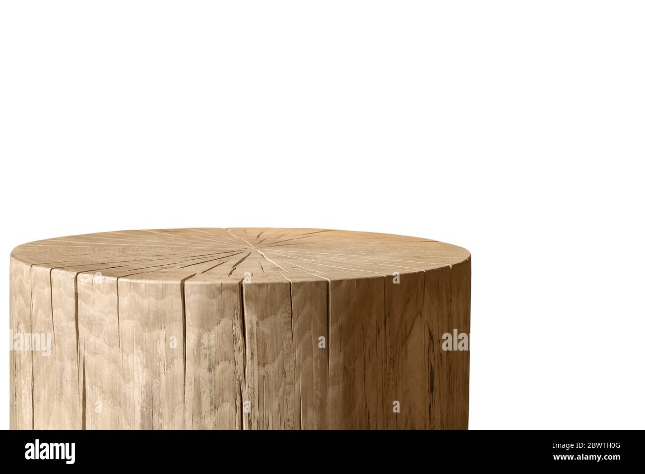 Dekorativer runder Holztisch auf weißem Hintergrund. Stockfoto