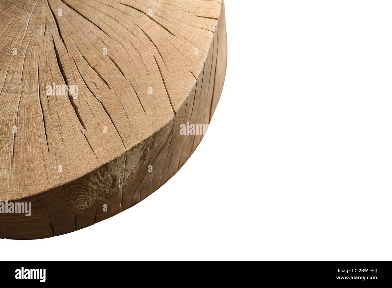 Dekorative runde Holztisch auf weißem Hintergrund Draufsicht. Stockfoto