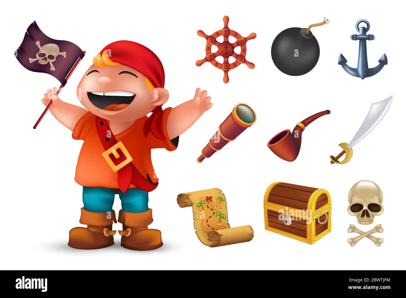 Seeräuber-Ikone-Set mit glücklichem Jungen-Charakter, menschlichem Schädel, Säbel, Anker, Lenkrad, Spyglass, Bombe, Pfeife, schwarzer, fröhlicher roger-Flagge, Brust und Trea Stock Vektor