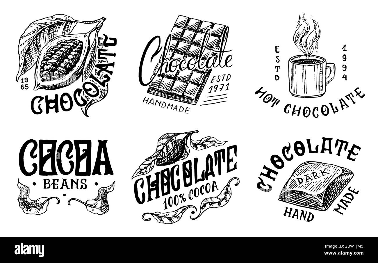 Kakaobohnen und Schokolade. Getreide, Frau und eine Tasse Getränk. Vintage-Abzeichen oder -Logo-Set für T-Shirts, Typografie, Shop oder Schilder. Handgezeichnet Stock Vektor