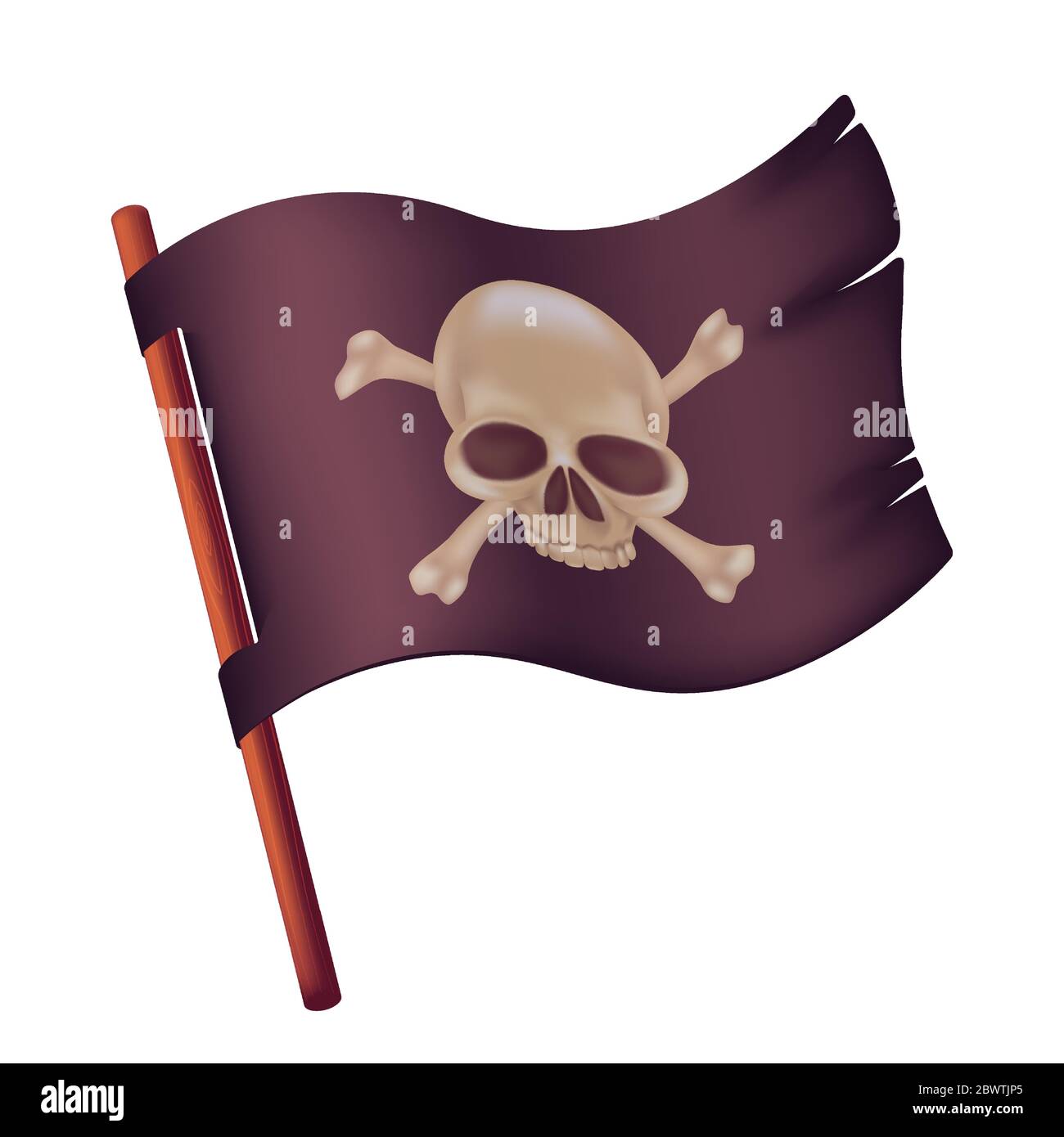 Schwarze winkende Flagge mit Bild des menschlichen Schädels und gekreuzten Knochen. Vektor-Illustration von zerrissenen Piratenbanner auf einem Holzstab isoliert auf weißem Hintergrund Stock Vektor