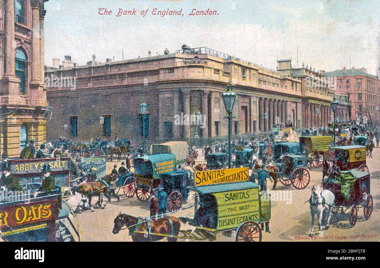 BANK OF ENGLAND Gebäude etwa 1900 mit Pferd gezogenen Straßenbahnen Stockfoto