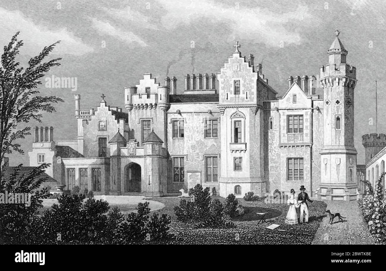 WALTER SCOTT (1771-1832) Schottischer Schriftsteller; sein Abbotsford House-Haus am Südufer des Tweed in einem zeitgenössischen Stich. Stockfoto WALTER SCOTT (1771-1832) Schottischer Schriftsteller; sein Abbotsford House-Haus am Südufer des Tweed in einem zeitgenössischen Stich. Stockfoto