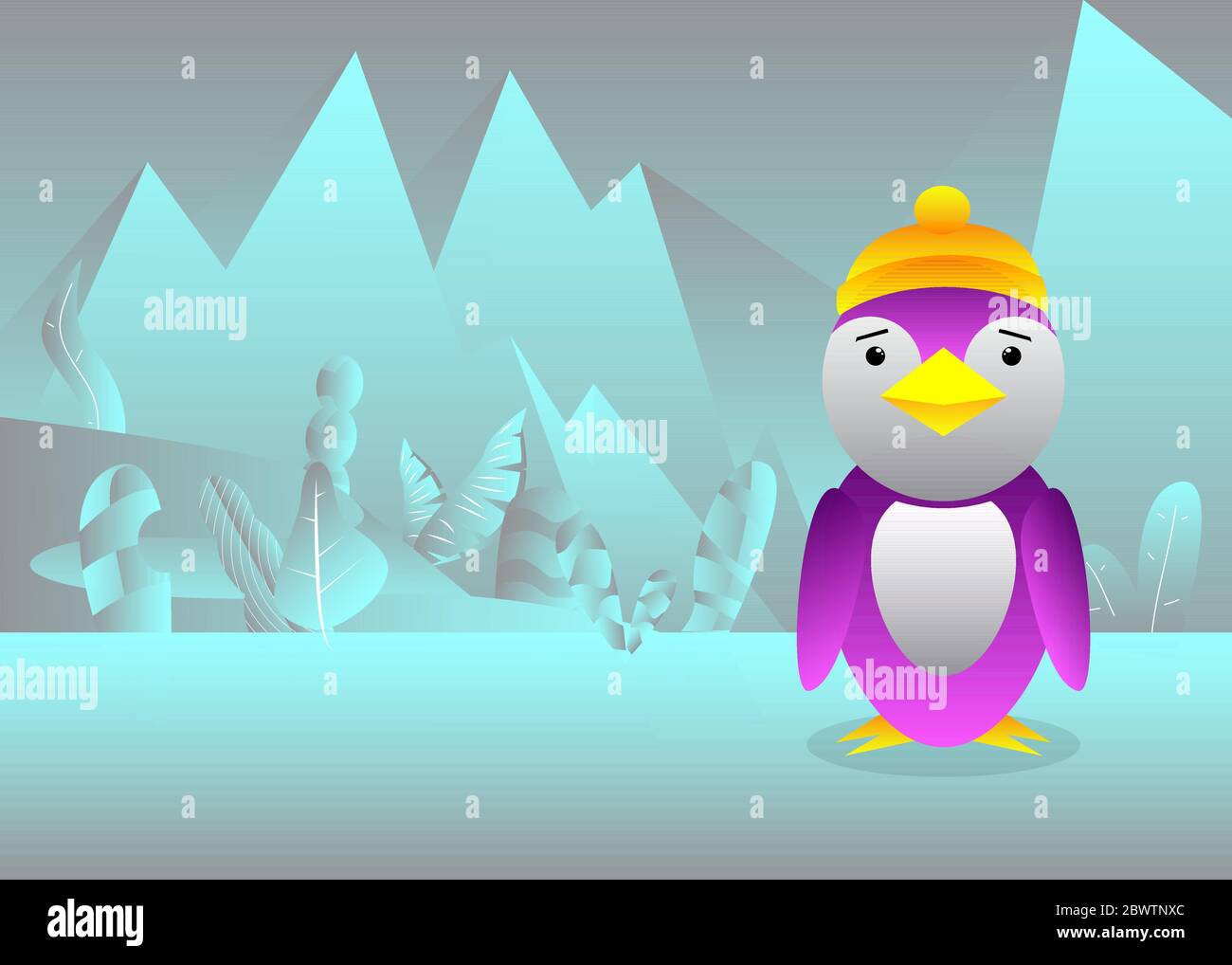 Cartoon Pinguin auf schneebedeckten Ebene. Vogel auf dem Gletscher. Vektorgrafik. Stock Vektor