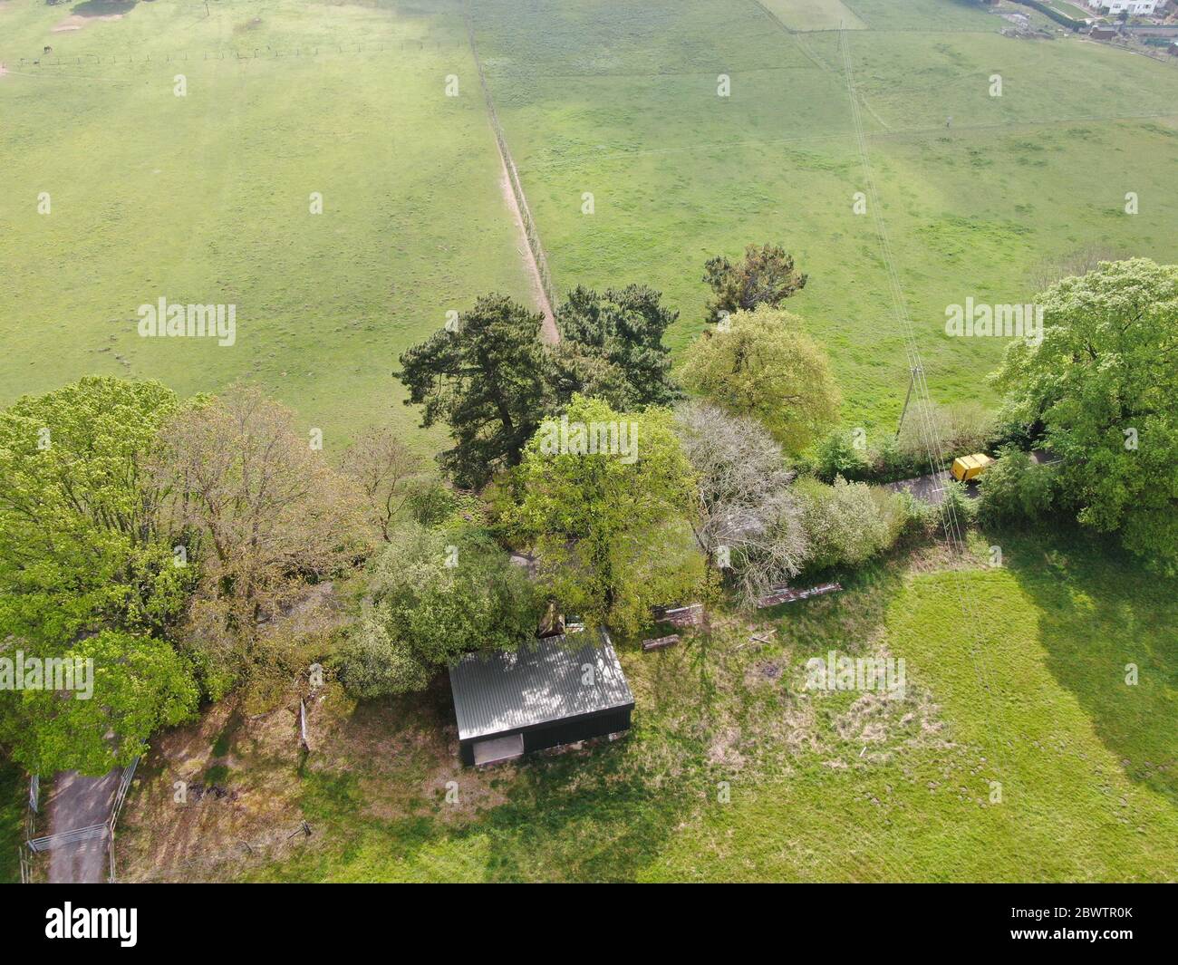 Luftaufnahme der Ställe in einem Feld in einer kleinen Gruppe von Bäumen im Frühling Stockfoto