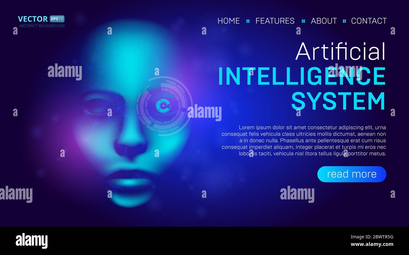 Künstliche Intelligenz Landing Page Hintergrund Konzept oder Held Banner Design mit digitalen humanoiden Gesicht oder Cyber Kopf Vektor Illustration. Website Stock Vektor