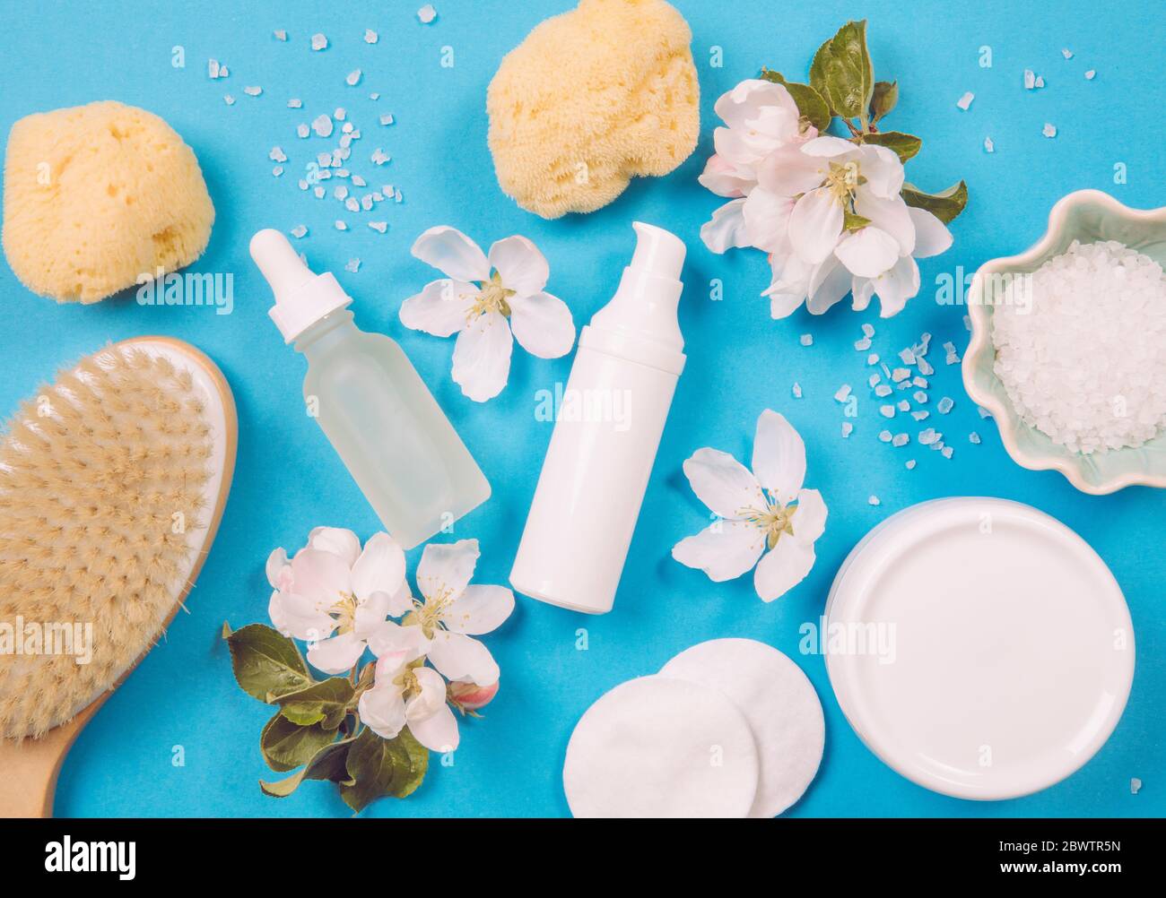 Flache Ansicht von verschiedenen weißen Container Beauty-Produkte mit frischen Frühling Apfelbaumblüten. Frühling Schönheit Rituale Konzept. Lebendige Farben. Stockfoto