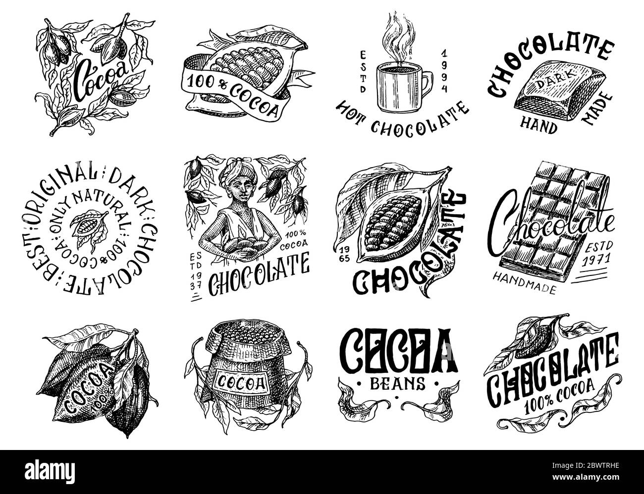 Kakaobohnen und Schokolade. Frau und eine Tasse Getränk. Vintage-Abzeichen oder -Logo-Set für T-Shirts, Typografie, Shop oder Schilder. Handgezeichnete gravierte Skizze Stock Vektor