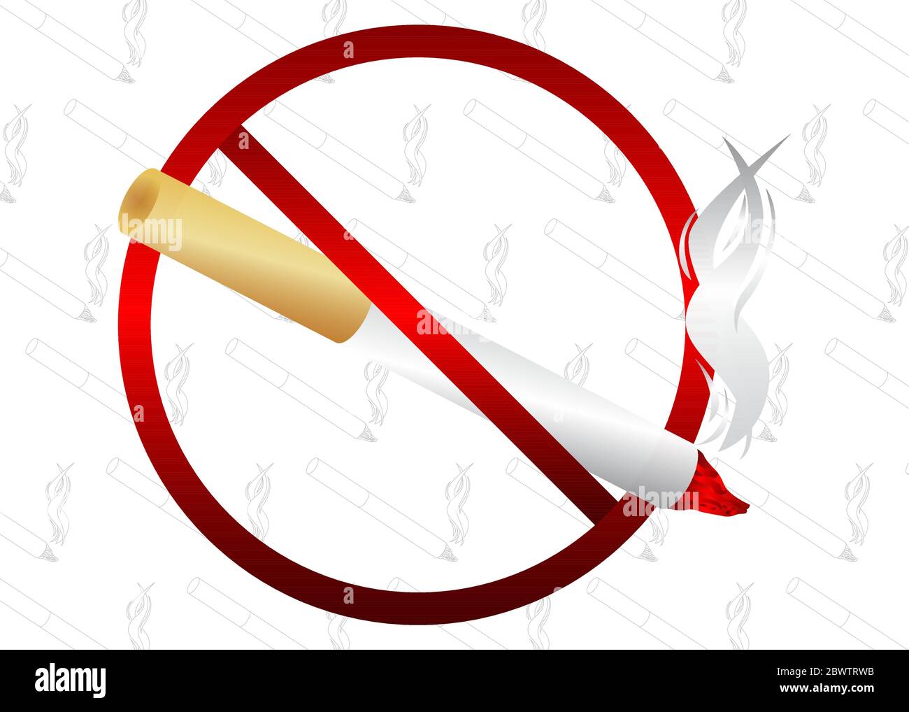 Nicht rauchen! zeichen. Dekoratives Verbotsschild mit abstrakter Rauchzigarette, Muster auf dem Hintergrund. Stock Vektor