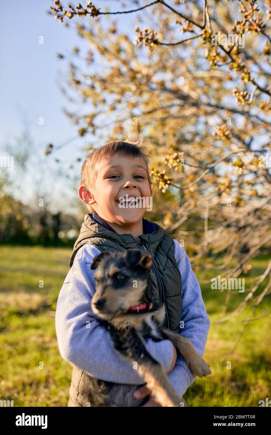 Porträt eines lachenden Jungen, der Hund auf einer Wiese hält Stockfoto