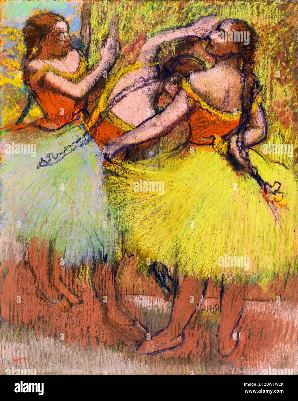 Edgar Degas, Pastellzeichnung, drei Tänzer mit Haarzöpfen (Trois danseuses les cheveux en tresses), um 1900 Stockfoto