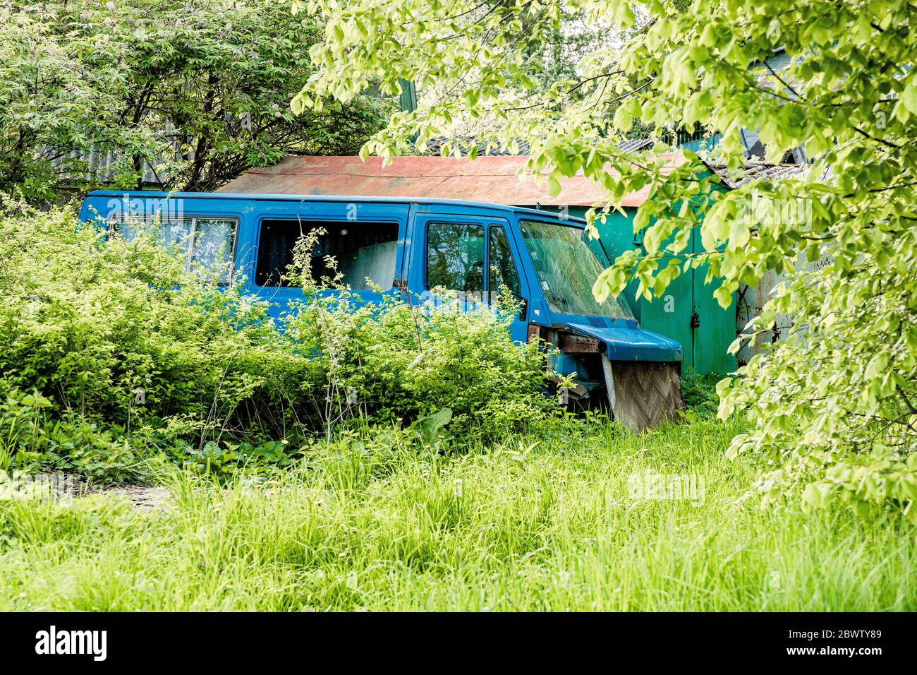 Ein altes blaues Auto steht im Gras Stockfoto